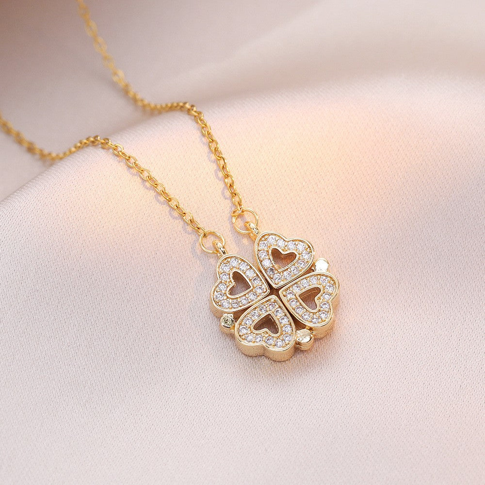 Women's Steel Cross Chain Open Close Four-leaf Flower Necklace