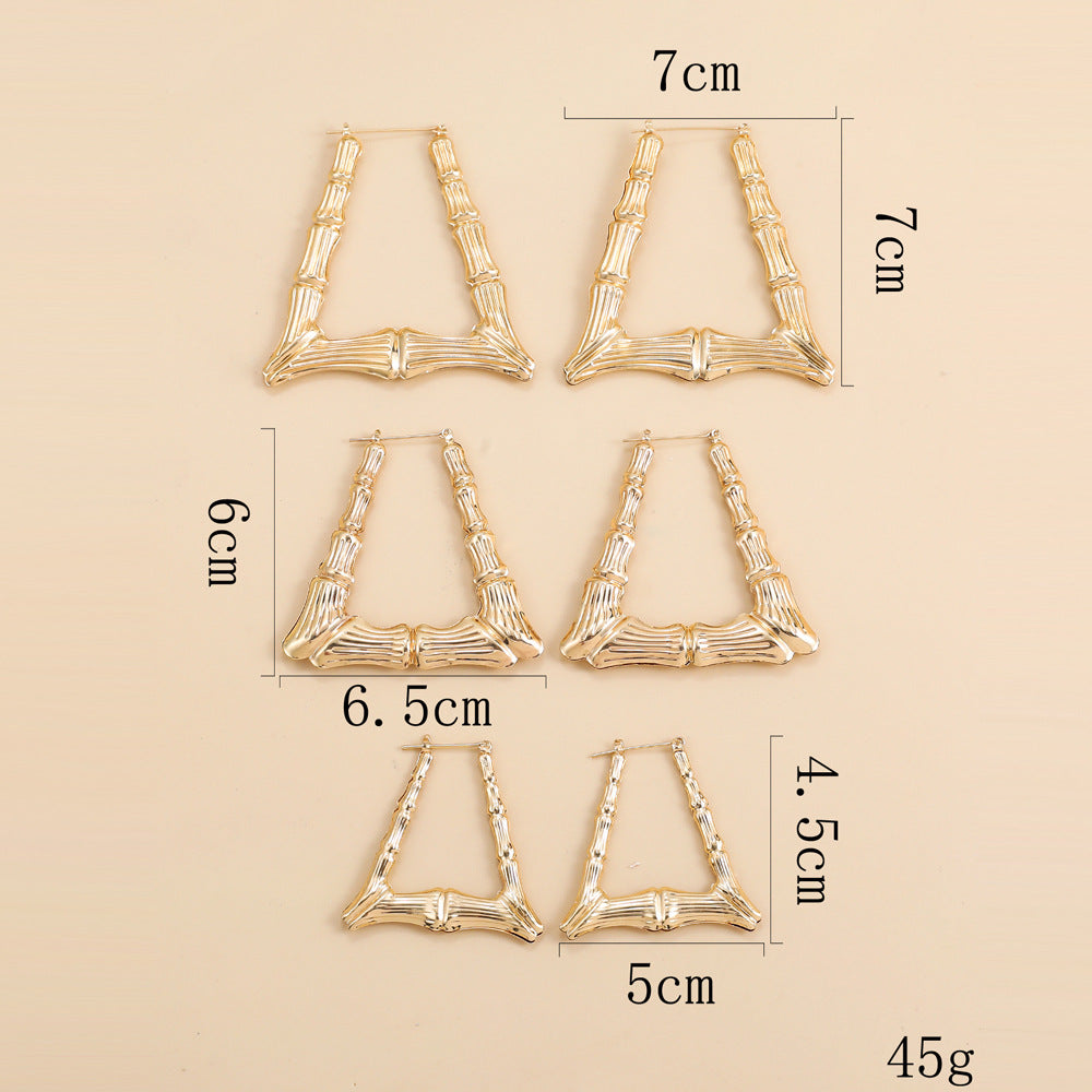 Gold Alloy Triangle Trapezoidal Hip Hop Exaggerated Oversized Bamboo Earrings