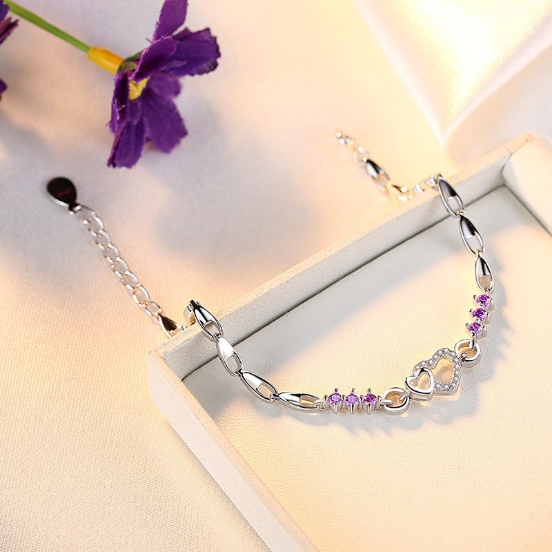 Amethyst Sier-plated Creative Heart-shaped Female Zircon Bracelets