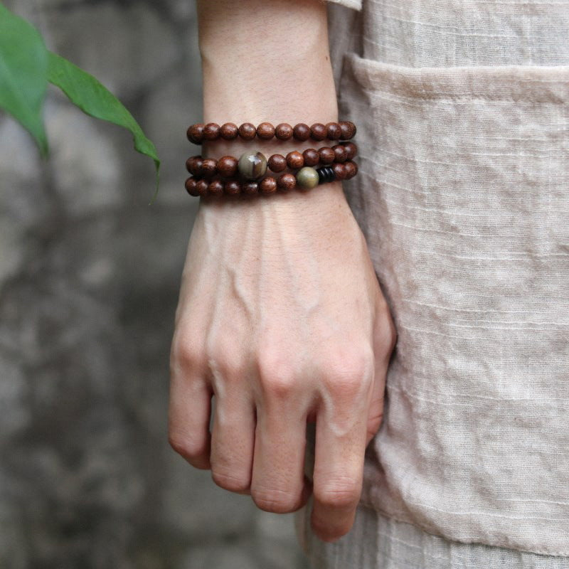 Women's & Men's Double Circle Golden Sandalwood Wooden Buddha Beads Couple Retro Hand Bracelet