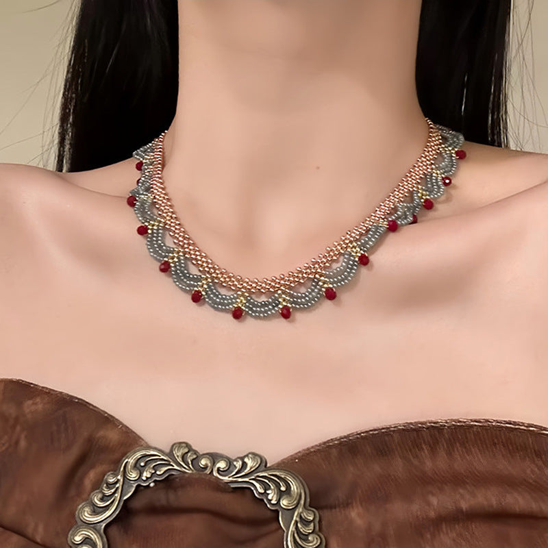Women's Micro Glass Bead Lace French Vintage Court Necklace