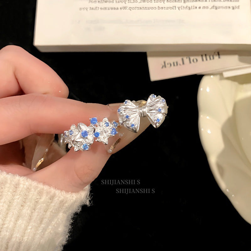 Women's Broken Small Fresh Pleated Frosted Bow Full Cluster Spot Drill Ring