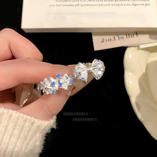 Women's Broken Small Fresh Pleated Frosted Bow Full Cluster Spot Drill Ring