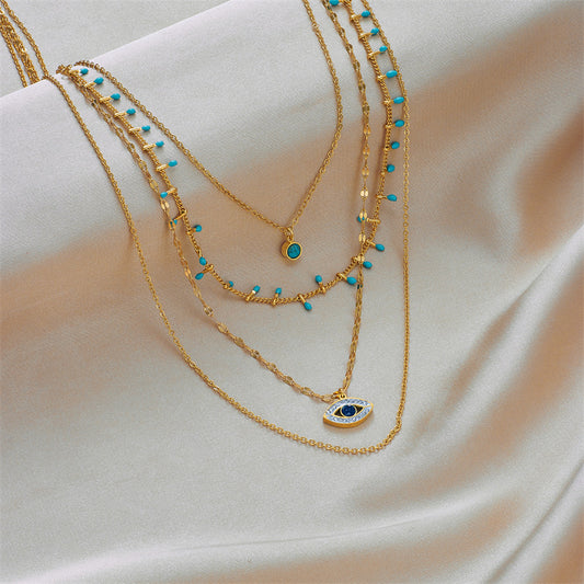 Fashion Chain Irregular Diamond Eye Turquoise Titanium Steel Necklace