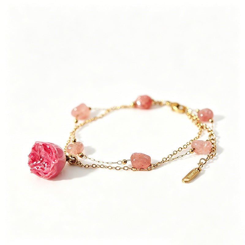 French Retro Preserved Fresh Flower Rose Pearl Design Double Layer Bracelet