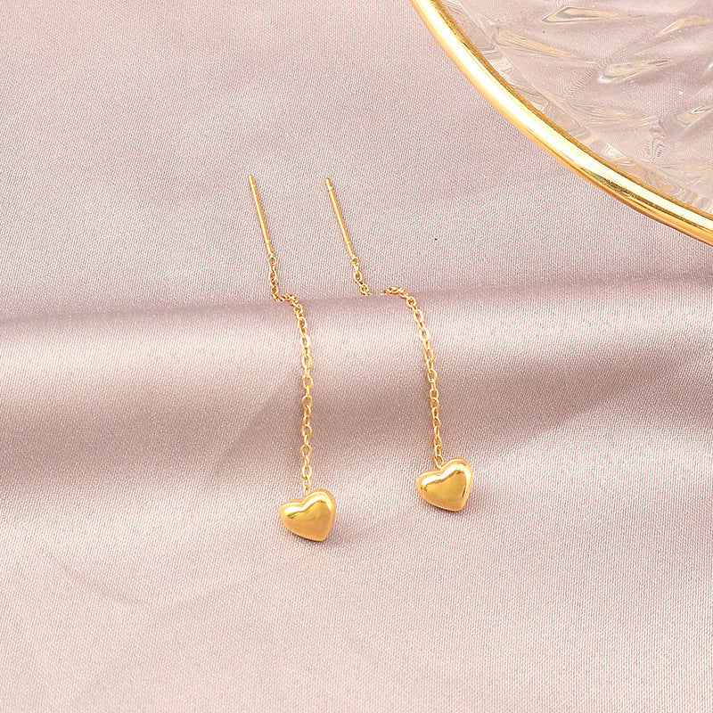 Women's Love Heart Gold Titanium Steel Long Elegant Ear Line