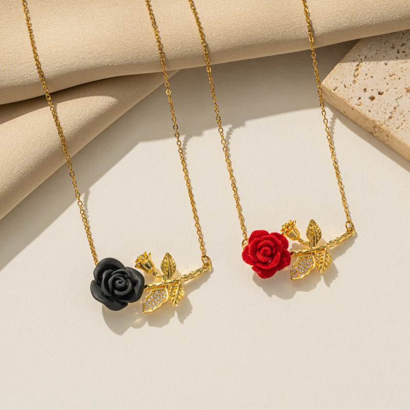 Romantic Red Roses Titanium Steel Female Wine Temperament Micro Inlaid Necklace