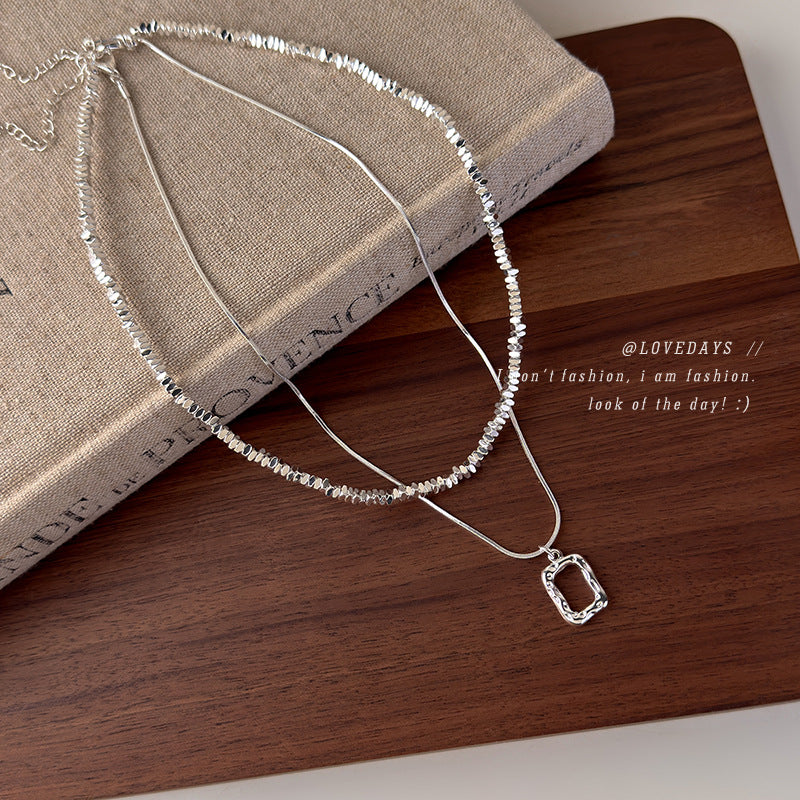 Twin Small Pieces Of Sier Geometric Square Necklace