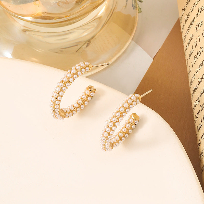 Simple Retro Sier Needle Pearl High Sense Ear Earrings