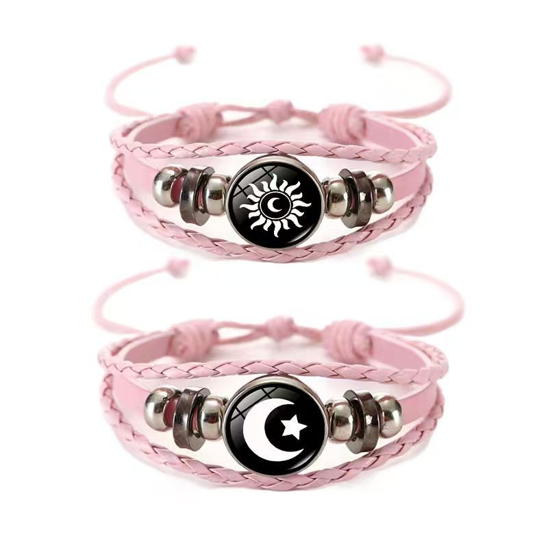Sun Moon Lovers Time Stone Leather Unisex Woven Couple Gift Bracelet