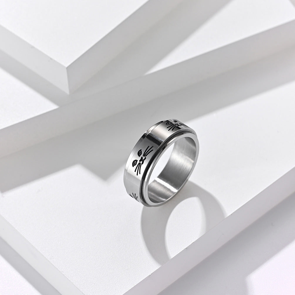 Steel Rotatable Cat Alien Cute Face Ring