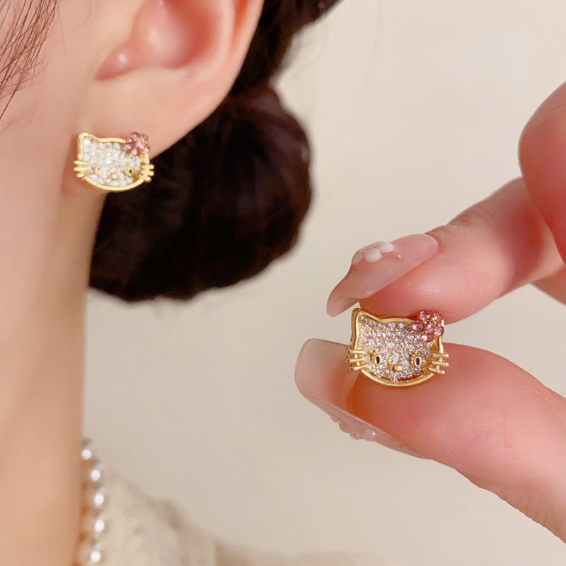 Versatile Full Diamond Kitten Ear Temperament Entry Lux Small Simple Earrings