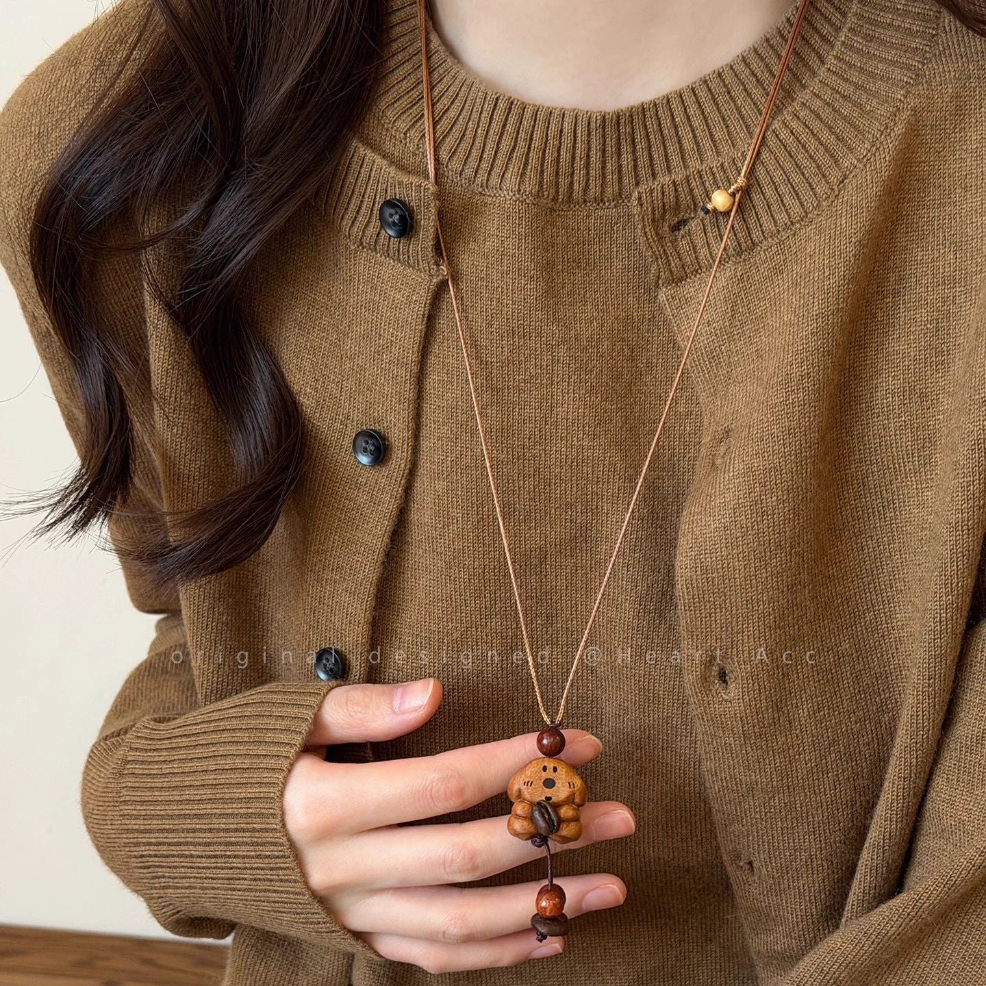 Cute Thing Coming Wooden Bear Female Long Sweater Chain Niche Necklace