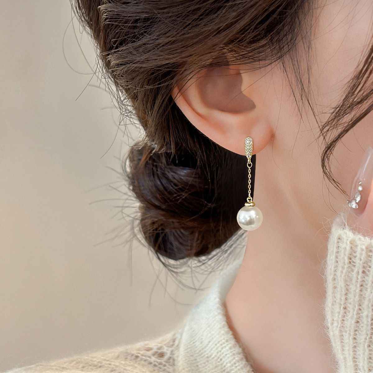 Women's Delicate Diamond Pearl Tassel Simple Elegant High-grade Earrings