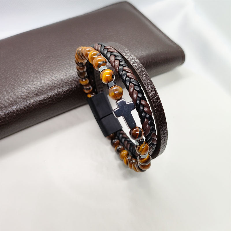 Cross Hematite Personalized Fashion Woven Leather Tigereye Frosted Bracelets