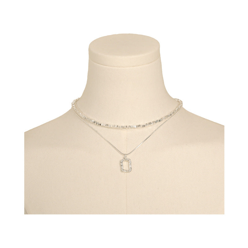 Twin Small Pieces Of Sier Geometric Square Necklace