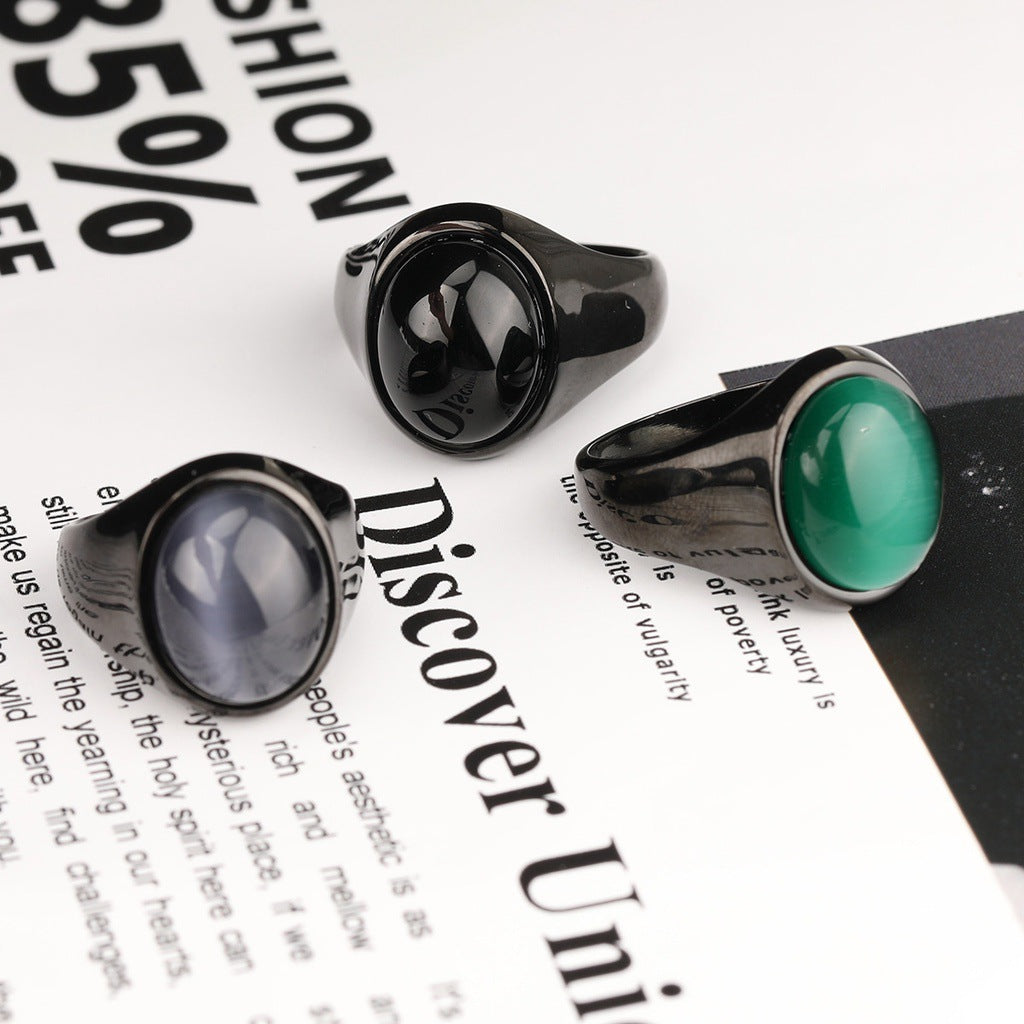 Men's Black Agate Punk Fashion Ornament Street Rings