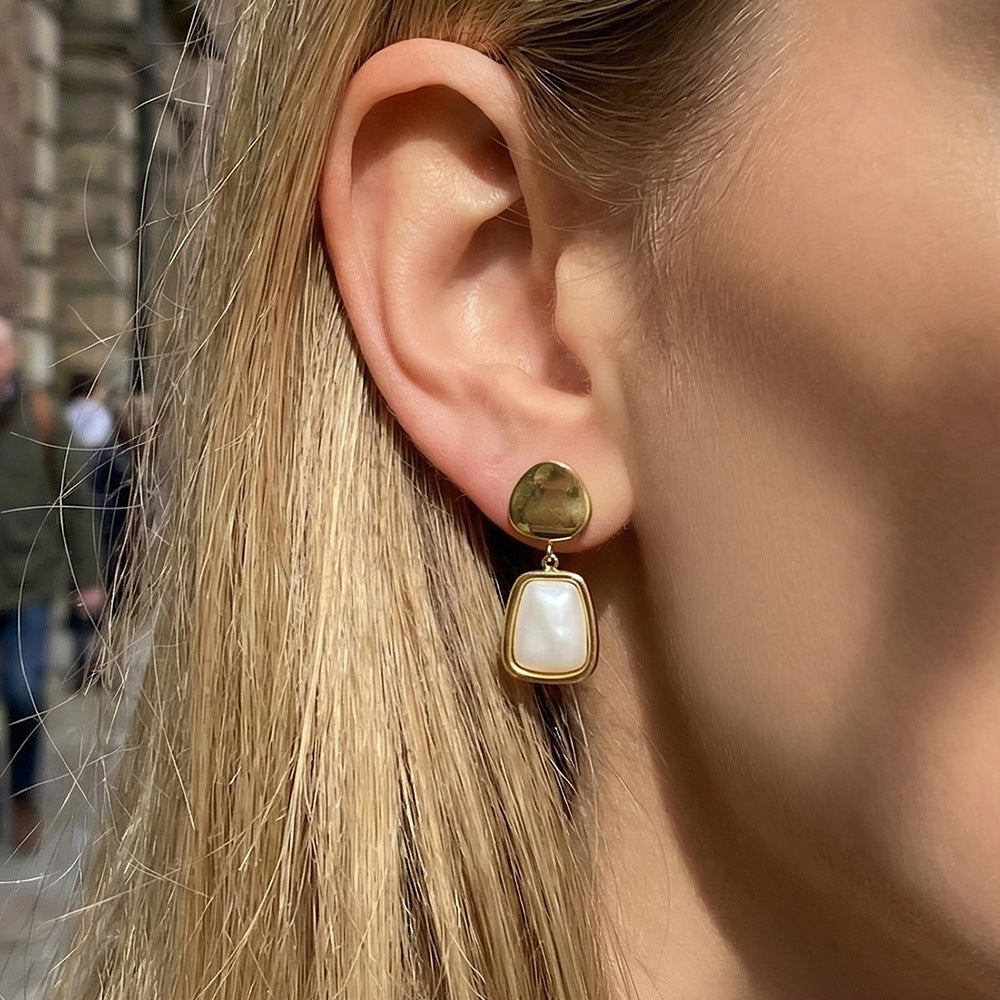 Women's Luxury Stainless Steel White Fritillary Design Real Gold Earrings