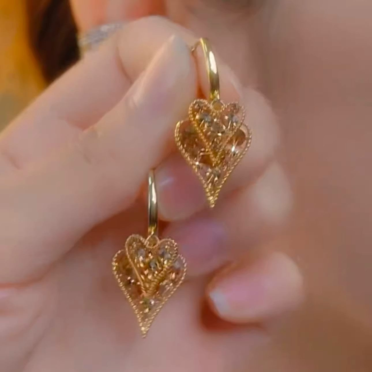 Women's Flash Coffee Color Diamond Double Layer Hollow Heart-shaped High Sense Earrings