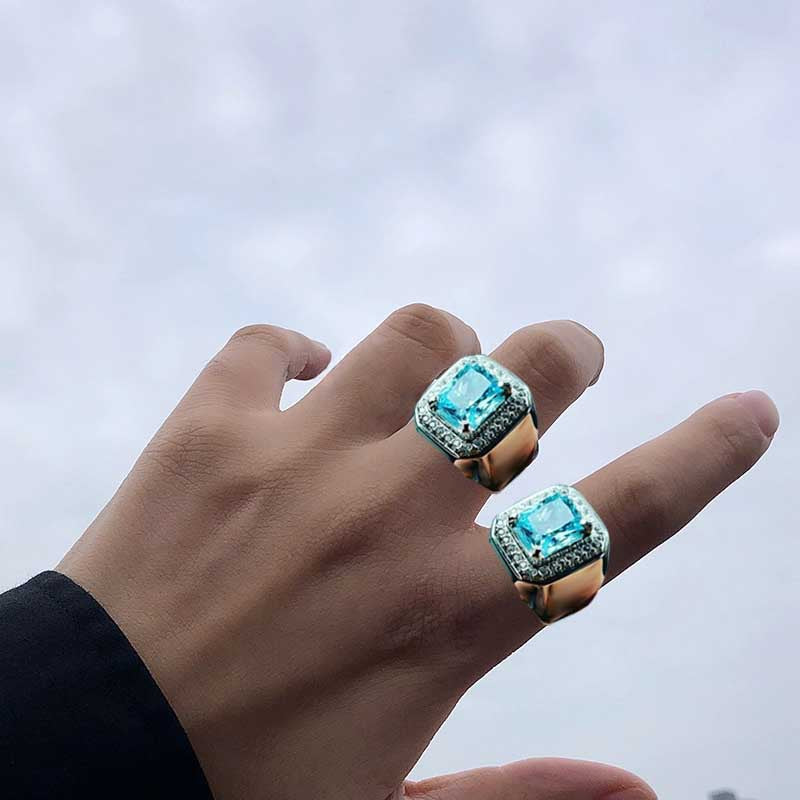Men's Aquamarine Personalized Luxury Diamond Fashion Sier Exaggerated Ring