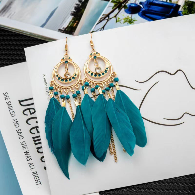 Women's Water Drop Ethnic Feather National Style Earrings