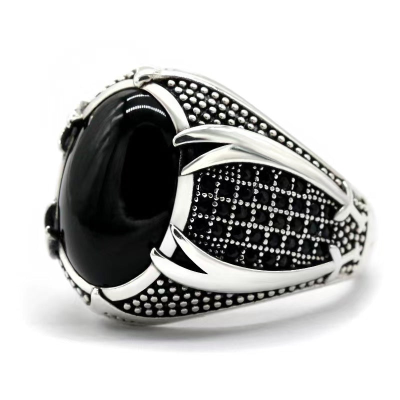 Personality Retro Two-tone Man's Black Agate Rings