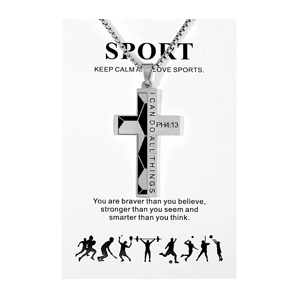 Football Stainless Steel Cross Inscription Sports Necklaces