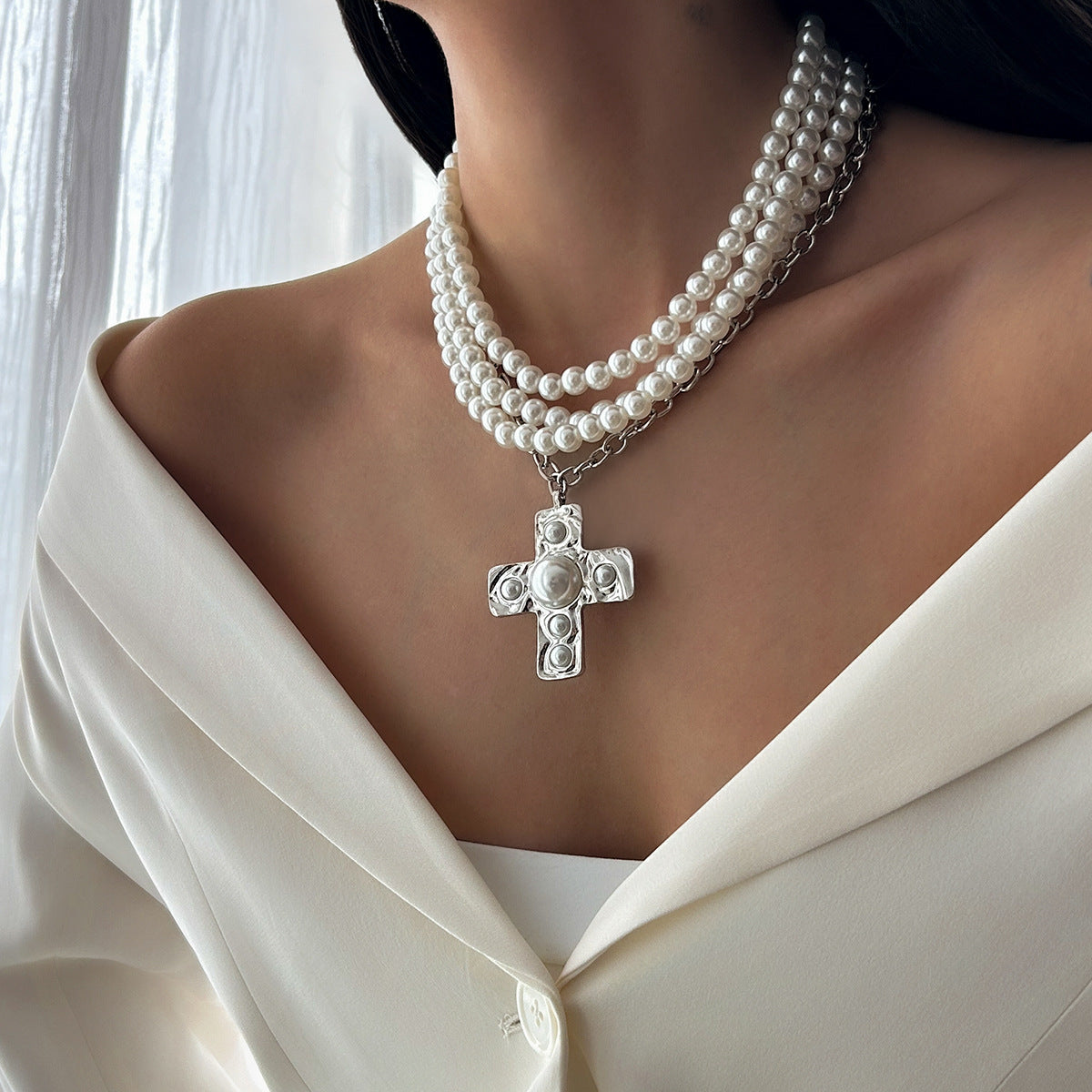 Simple Punk Metal Cross Female Button Chain Necklaces