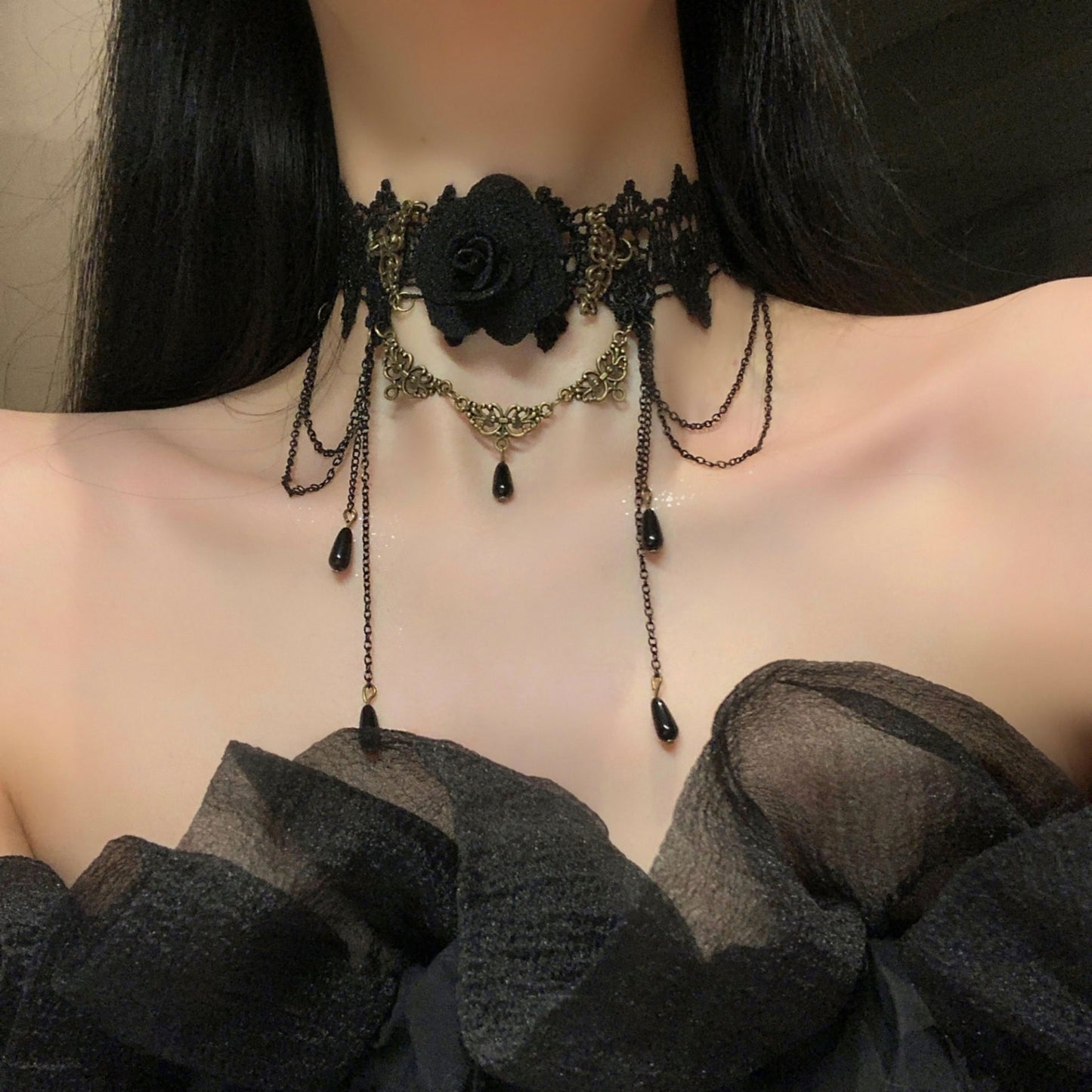 Women's Black Beaded Tassel For Queen Light Necklaces