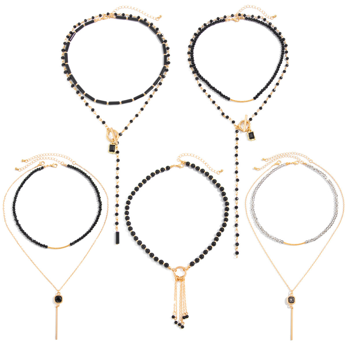 Niche Black Crystal Beaded Clavicle Square Diamond Necklace