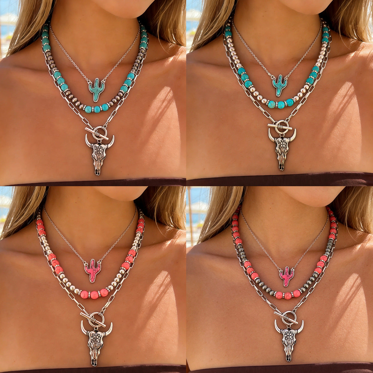 Bohemian Vacation Style Beaded Geometric Tophus Retro Western Denim Necklaces