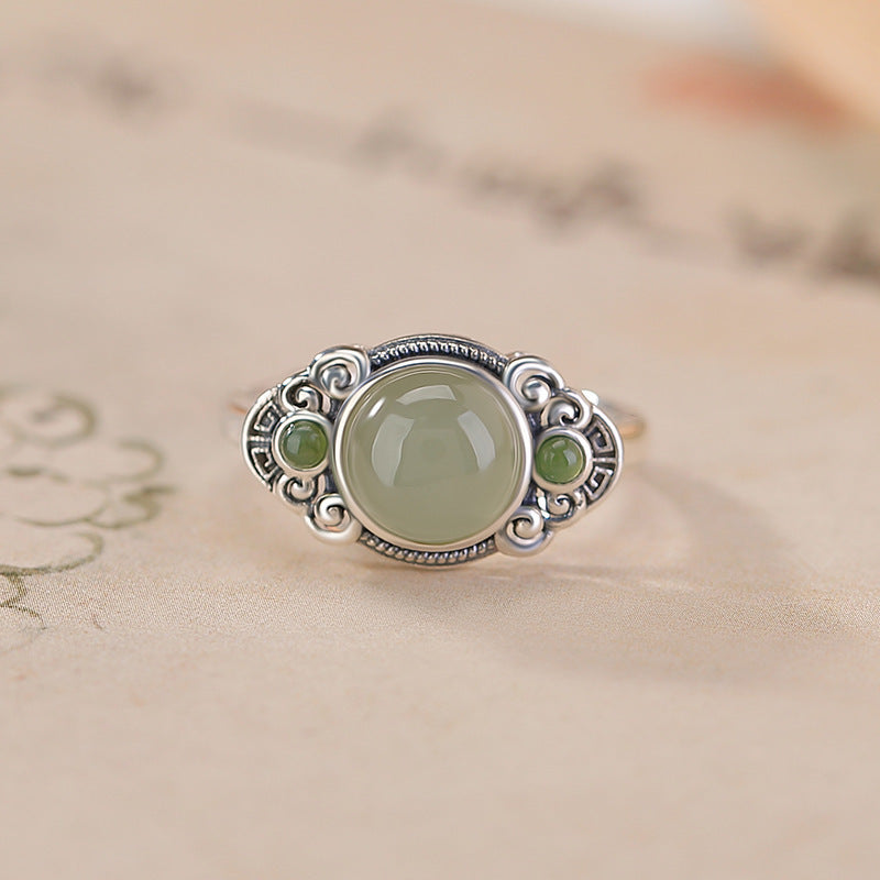 Women's Natural Jade Thai Sier Sunny Water Jasper Round Return Pattern Rings