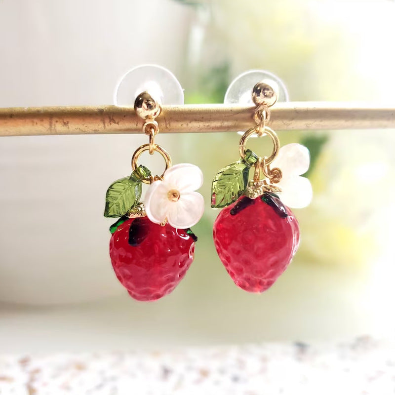 Temperament Girlish Style Leaves Red Crystal Raspberry Cute Earrings
