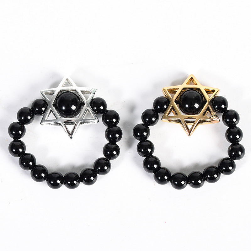 Natural Crystal Stone Round Beads Six-pointed Star Jade Handmade Rings