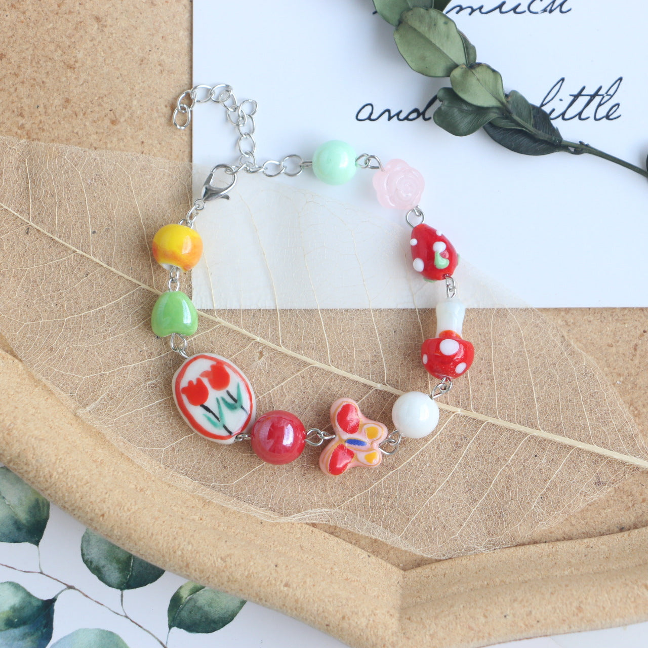 Niche Sweet Cute Stitching Style Cartoon Butterfly Tulip Glass Ceramic Bracelets