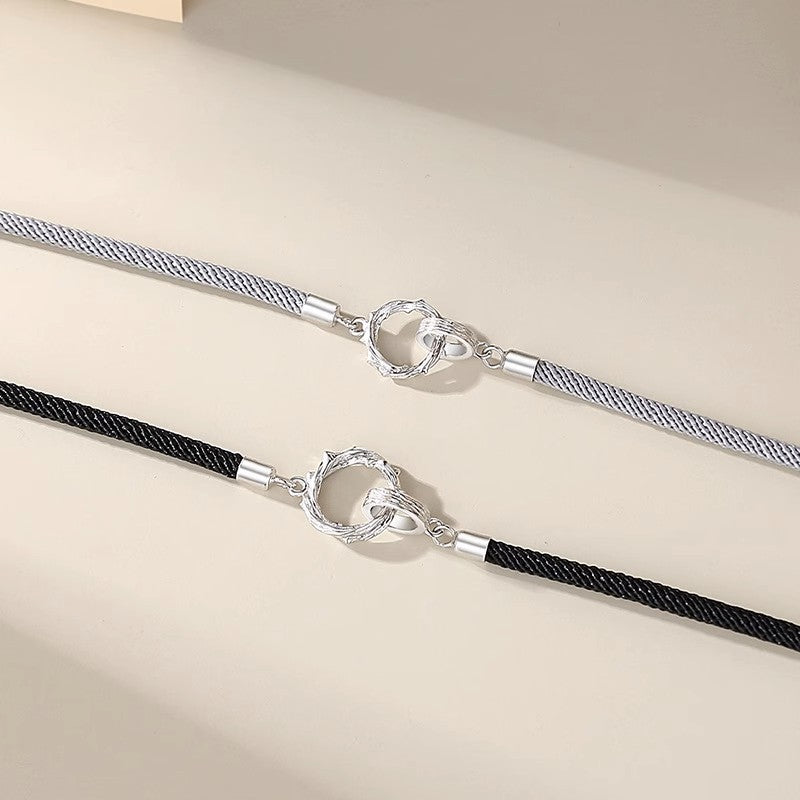 Women's & Men's Couple Plated Sterling Sier Pair Hand Woven Rope Commemorative Gift Bracelet
