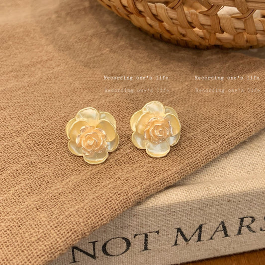 Oil Dripping Gold Camellia Female Sier Needle Gentle Sweet Style Rings