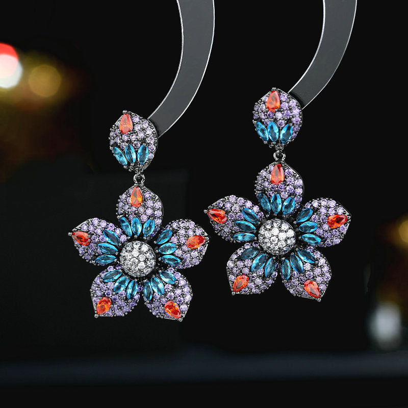 Color Zircon Exaggerated Elegant Graceful Wedding Banquet Dress With Earrings