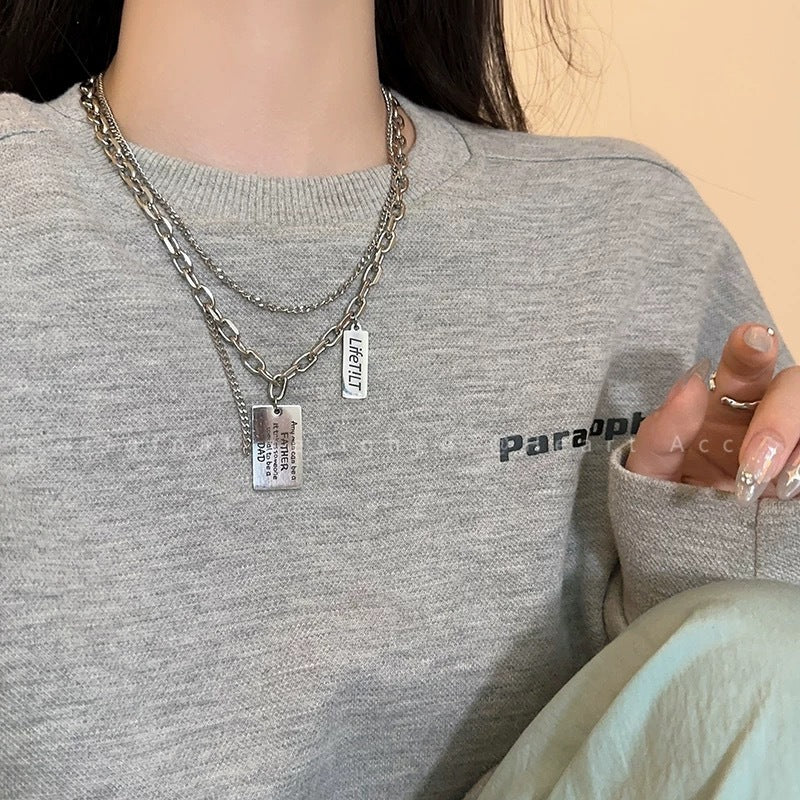 Women's & Men's English Square Plate Female Hip Hop Trend Long Sweater Chain Necklace
