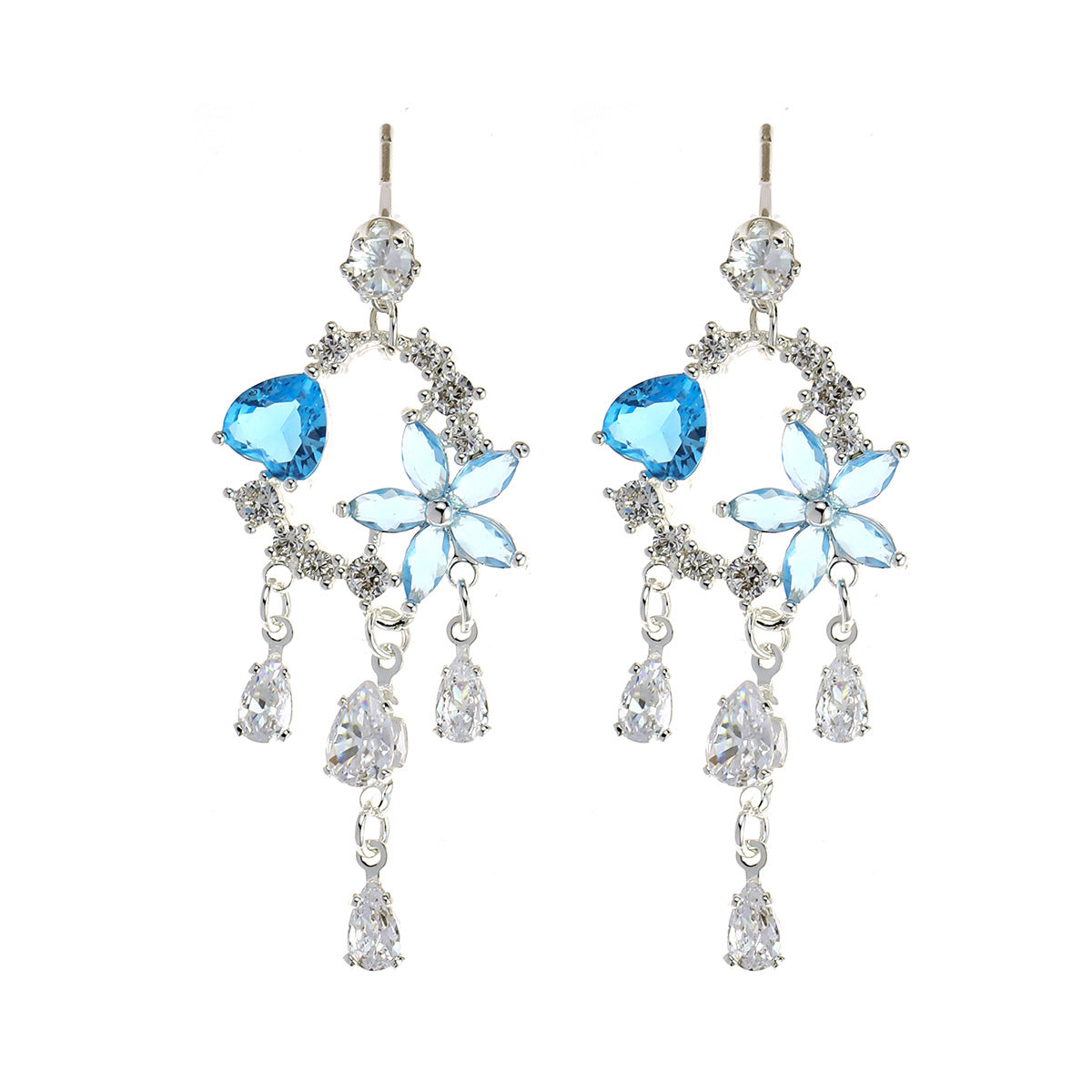 Fresh Zircon Flower Sweet Long Tassel Sier Earrings