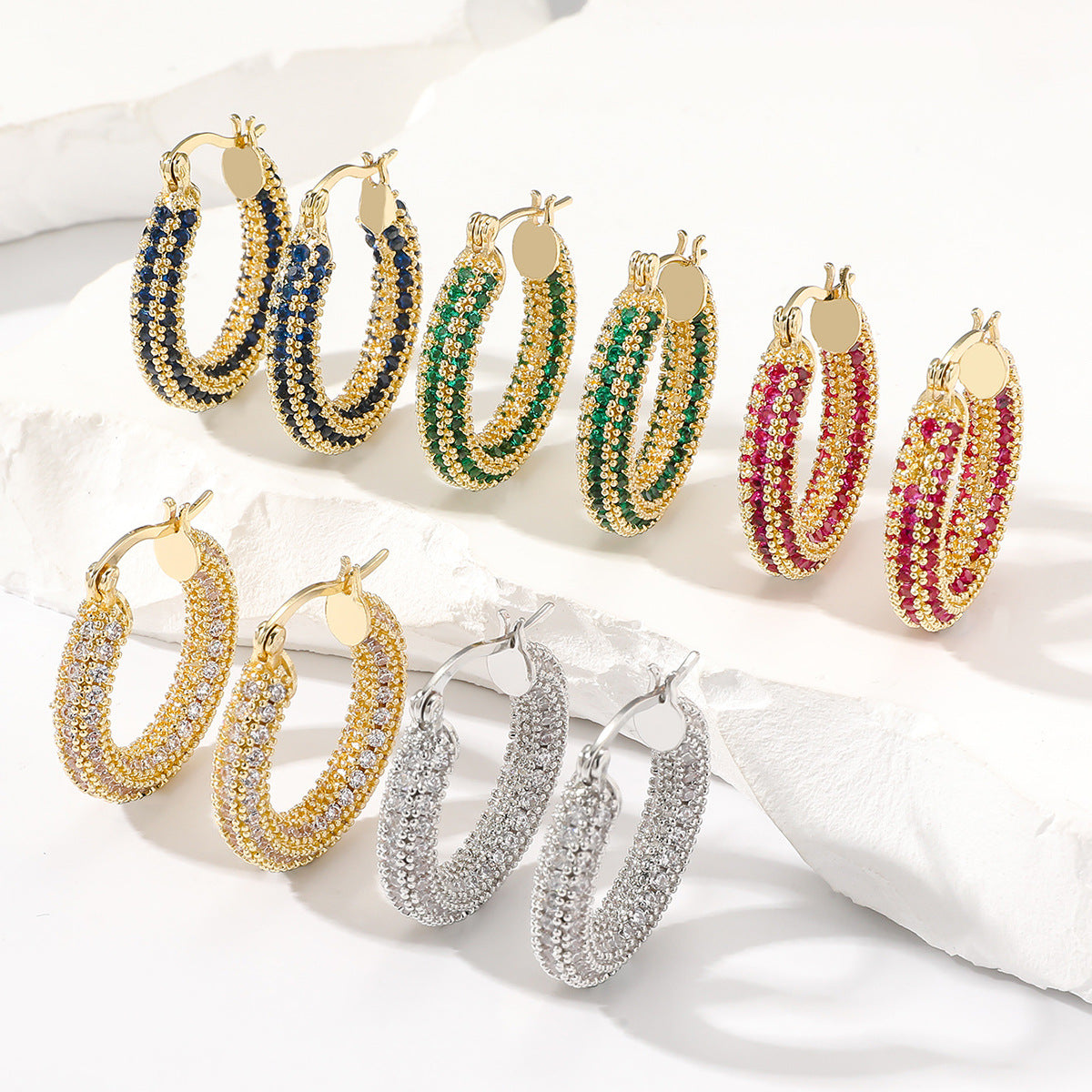 Elegant Simple Fashionable Color Round Ear Clip Micro Inlaid Zircon Rings