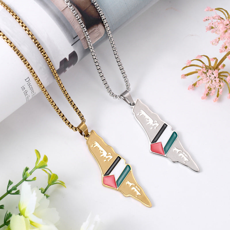 Stainless Steel Israel Palestine Flag Map Necklace