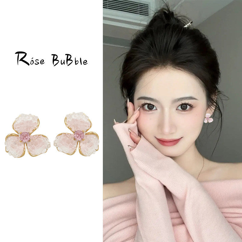 Women's Pink Gradient Crystal Flower High-grade Simple Earrings
