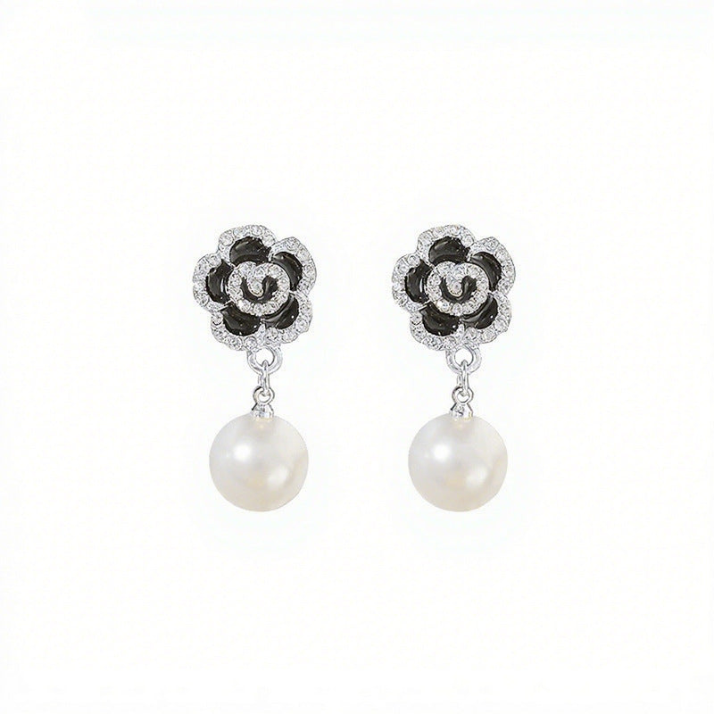Women's Black Rose Pearl Flower Elegant Three-dimensional Stud Earrings