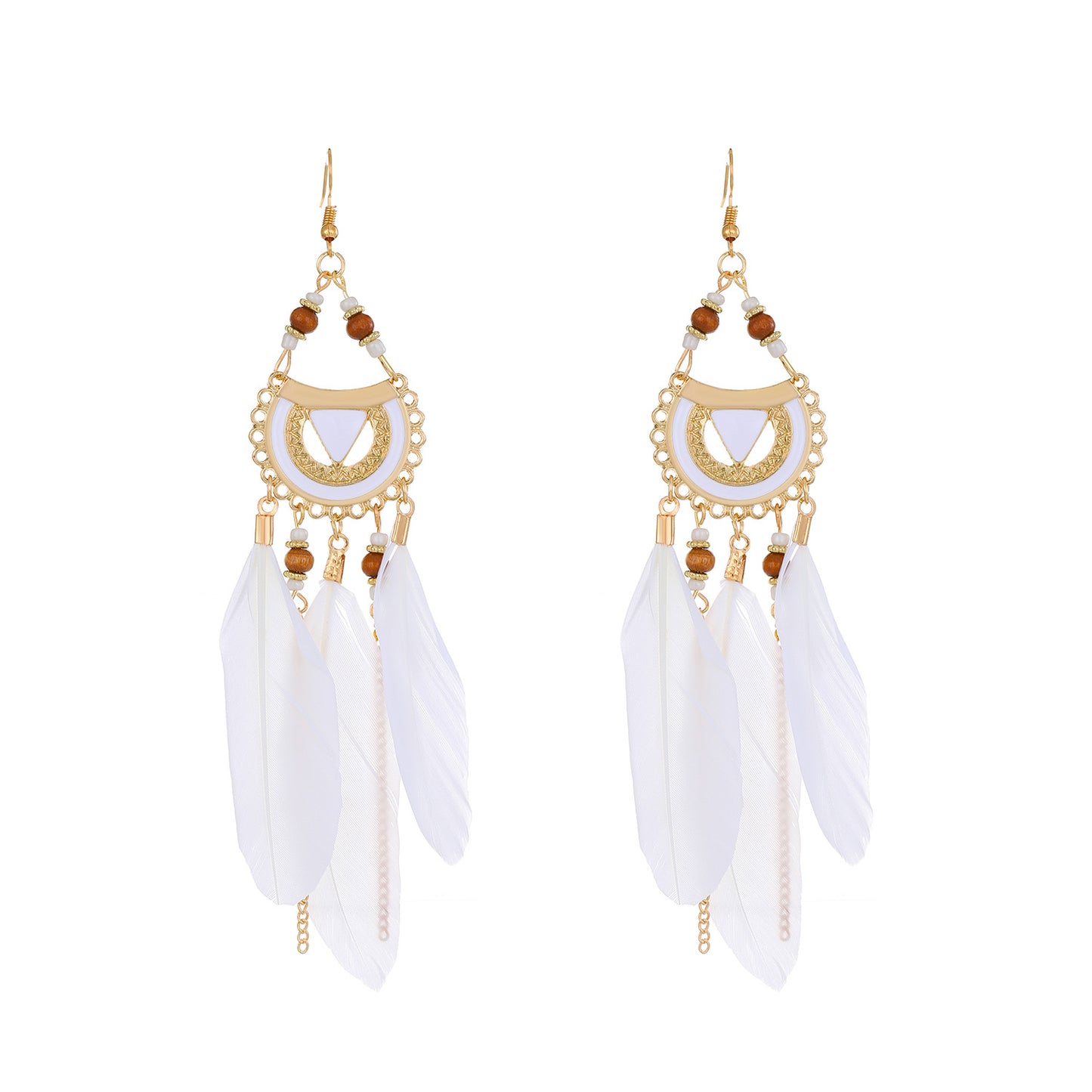 Semicircle Feather Popular Long Bead Chain Tassel Ethnic Rings