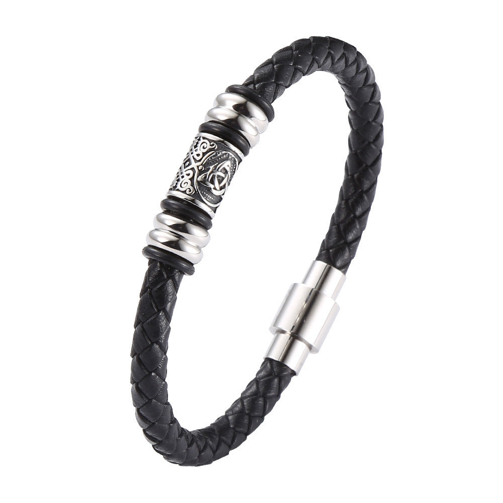 Men's Retro Leather Personality Woven Stainless Steel Magnetic Bracelet