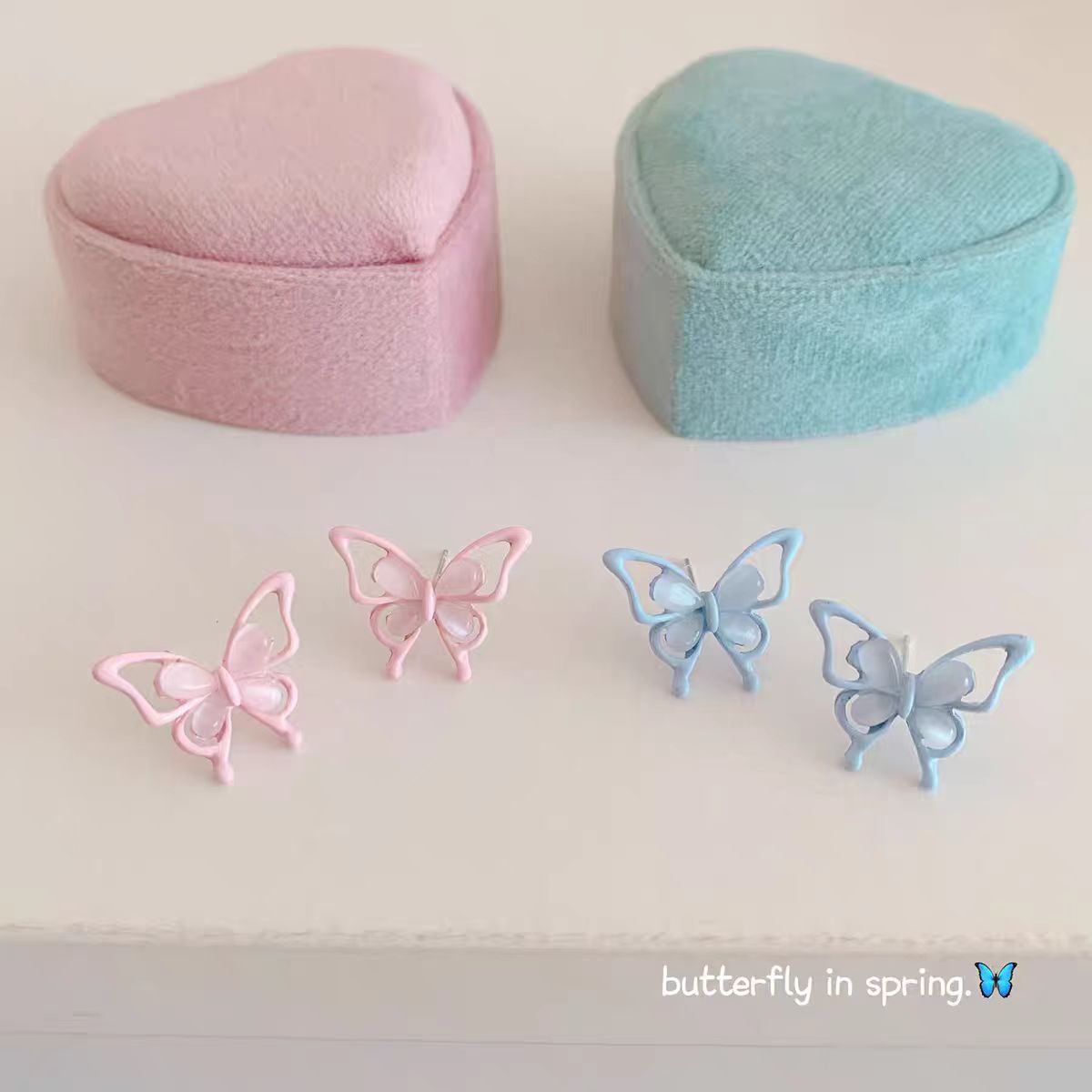 Pink Blue Small Butterfly Female Sier Needle Super Fairy Everyday Stud Earrings