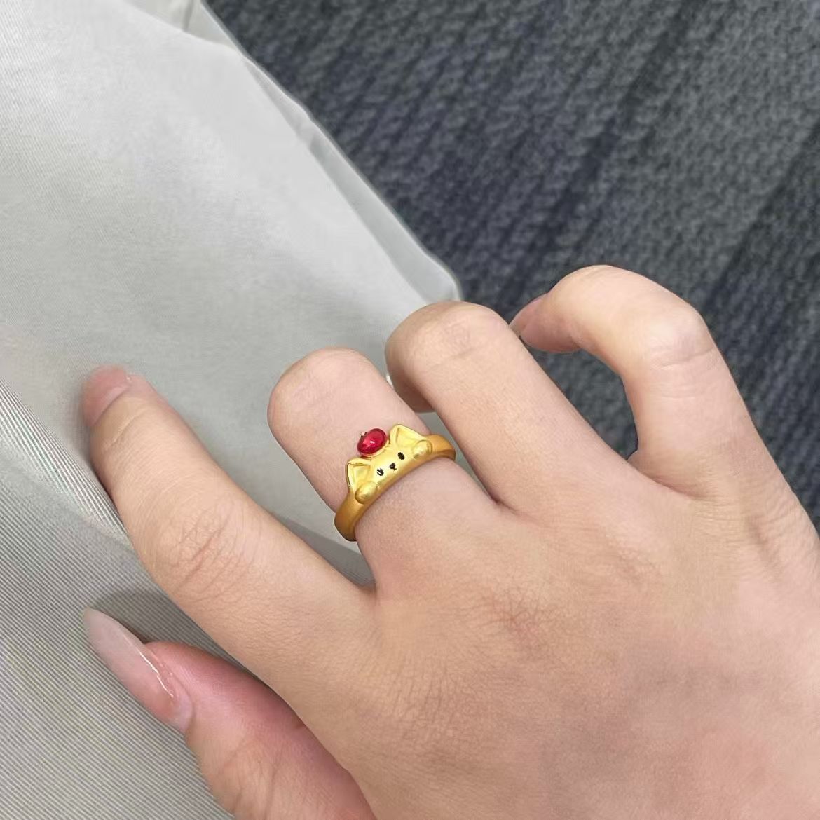 Golden Retro Red Apple Kitten Cute Simple Fashionable Stylish High Ring