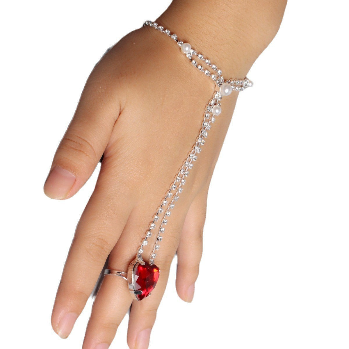 Rhinestone Peach Heart Bridal Jewelry Finger Bracelets