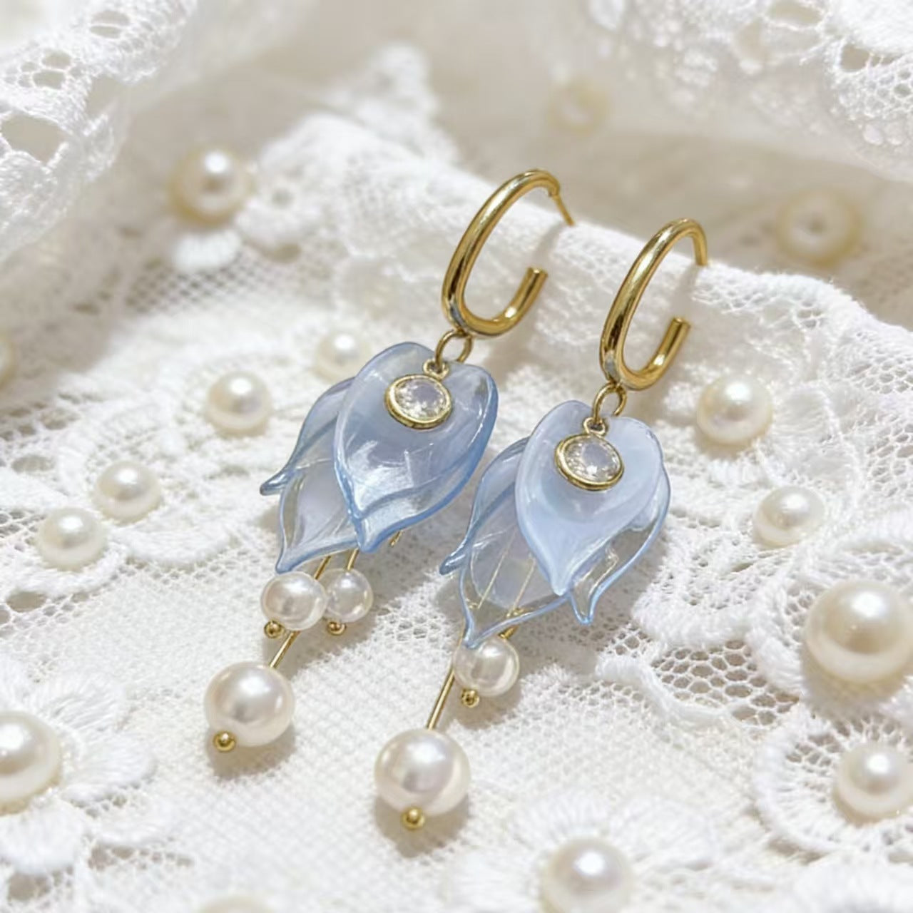 French White Petals Pearl Tassel Light Luxury High Earrings